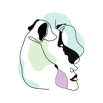 Logo du site representant un chien et le visage d une femme